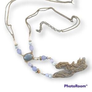 CHICO'S silver and gold tone tassel statement necklace, lavender purple accent